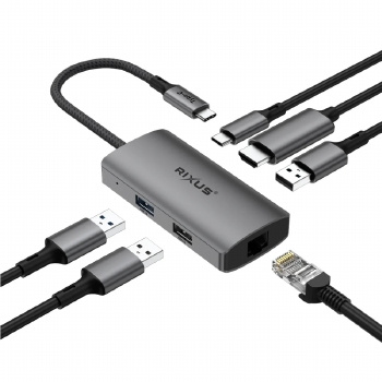 Rixus USB-C to Ethernet HDMI Adapter met Docking Station