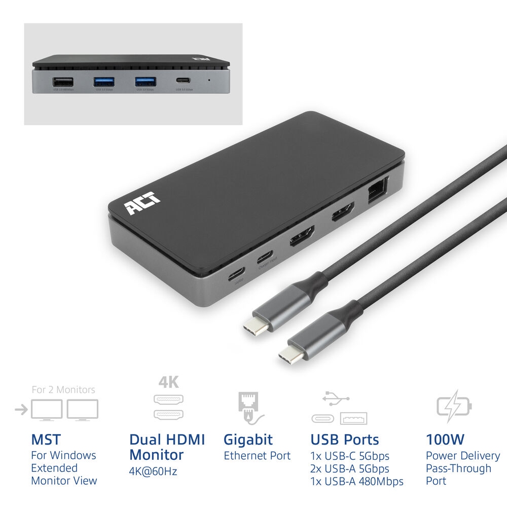 ACT USB-C 4K Multiport Dock Dual HDMI Monitor MST