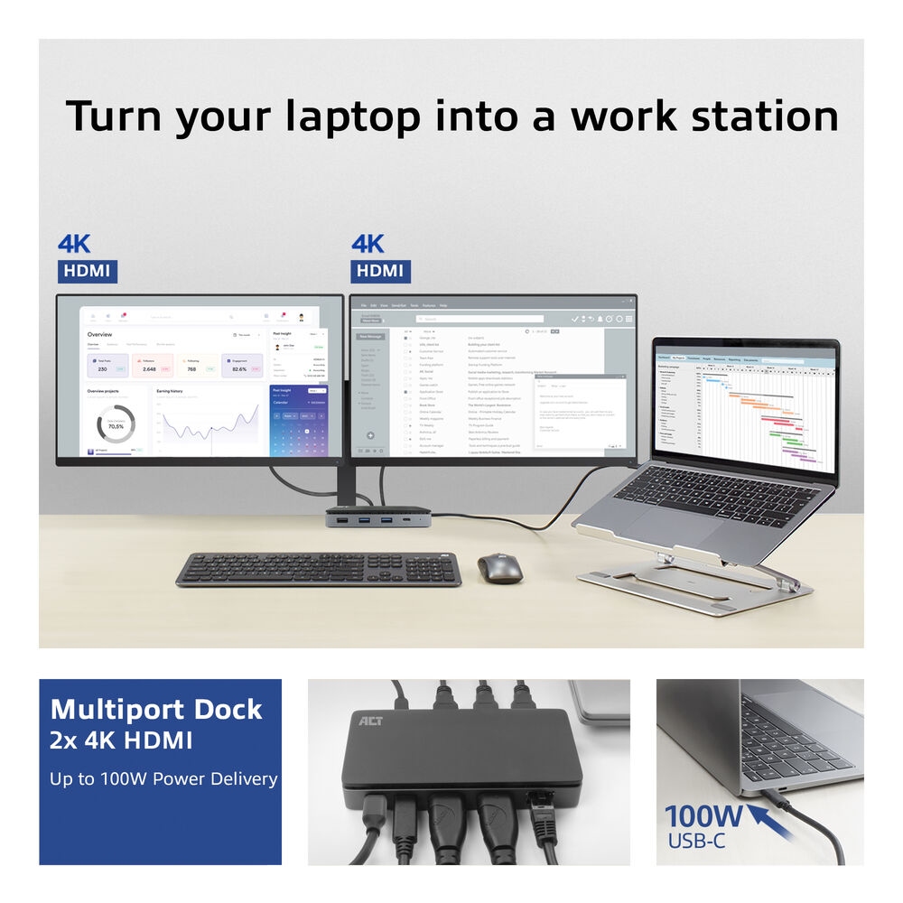 ACT USB-C 4K Multiport Dock Dual HDMI Monitor MST