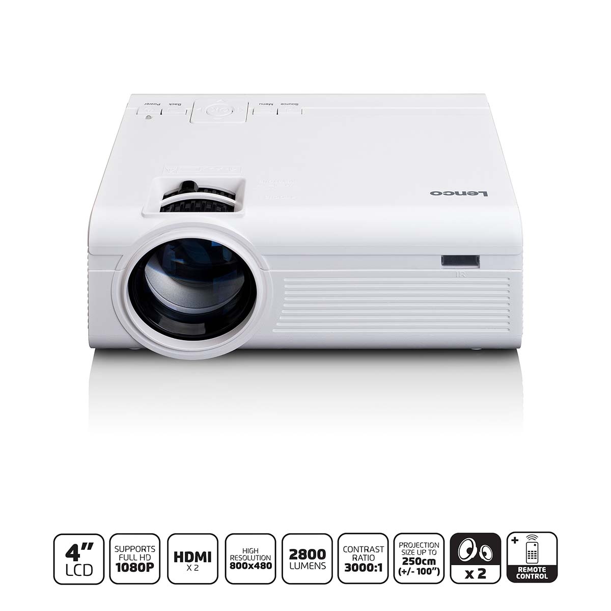 Lenco LCD Projector met hoge resolutie, ondersteunt Full HD 1080P inhoud Wit