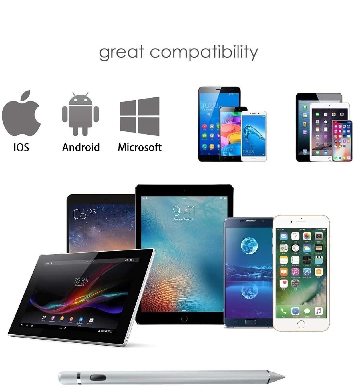 Stylus Pen voor IOS/Android/Windows tablet en telefoons Silv